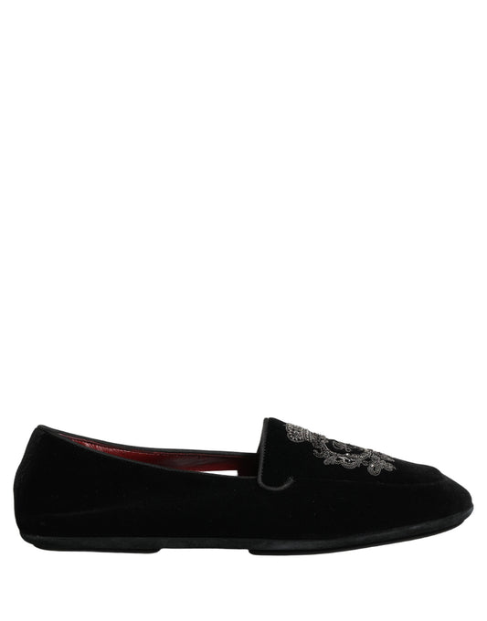 Dolce & Gabbana Black Velvet Crown Embroidery Loafers Shoes Curated Luxury Accessories by Orvyn