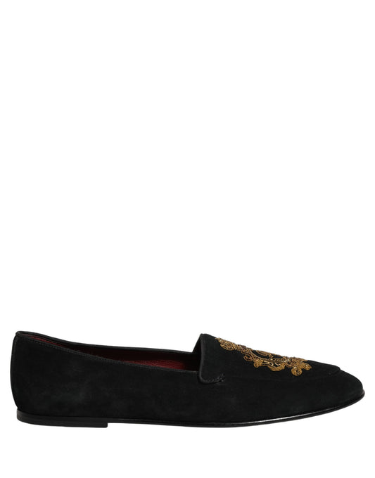 Dolce & Gabbana Black Velvet Crown Embroidery Loafers Shoes Curated Luxury Accessories by Orvyn