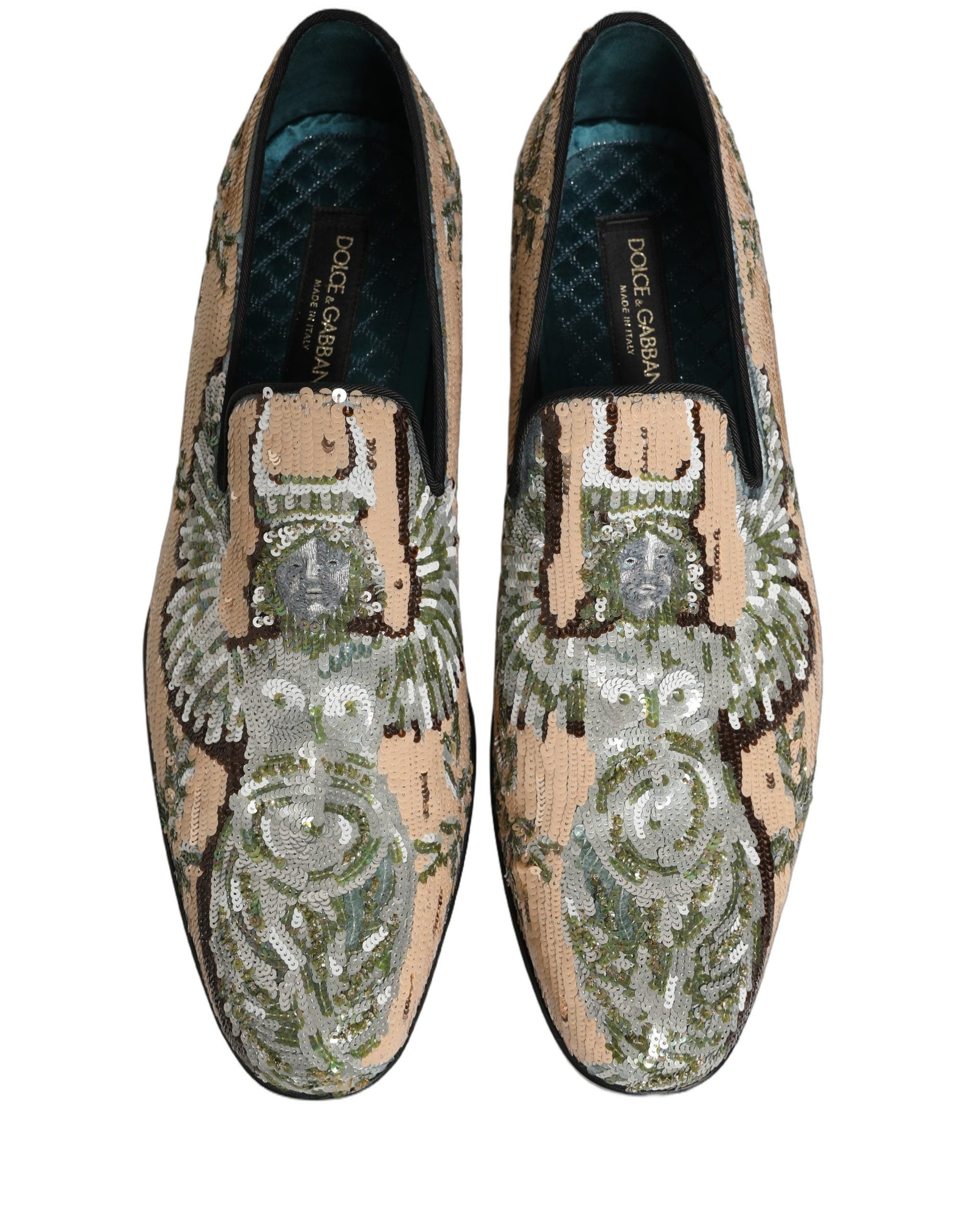 Dolce & Gabbana Beige Sequin Embroidery Dress Loafers Shoes Curated Luxury Accessories by Orvyn