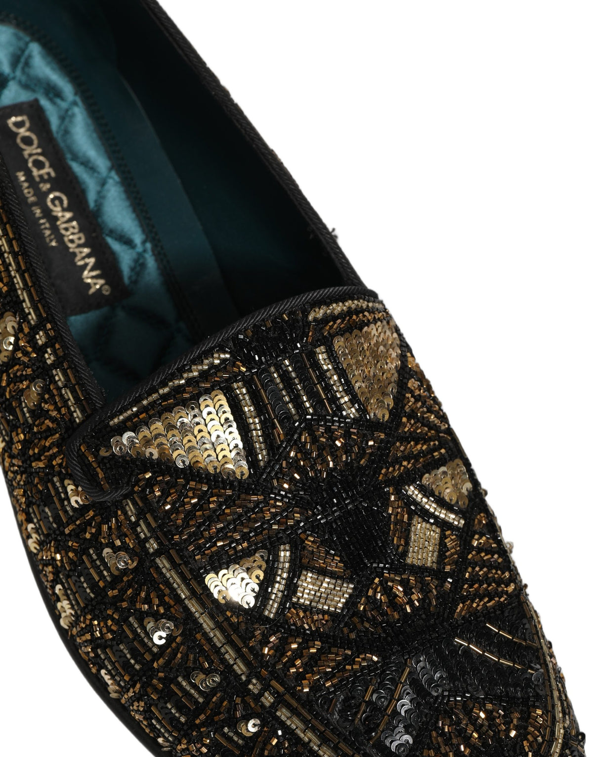 Dolce & Gabbana Black Gold Embellished Slip On Loafers Shoes schwarz