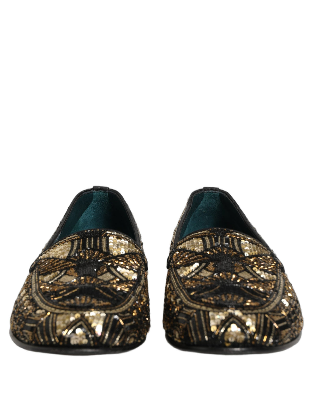 Dolce & Gabbana Black Gold Embellished Slip On Loafers Shoes schwarz