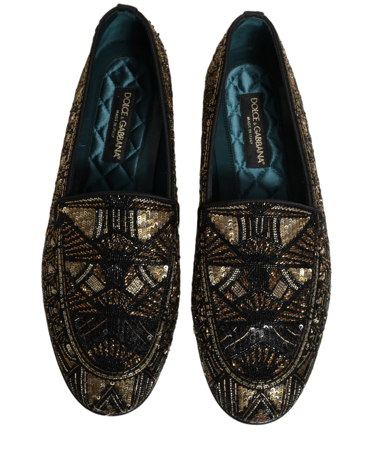 Dolce & Gabbana Black Gold Embellished Slip On Loafers Shoes schwarz