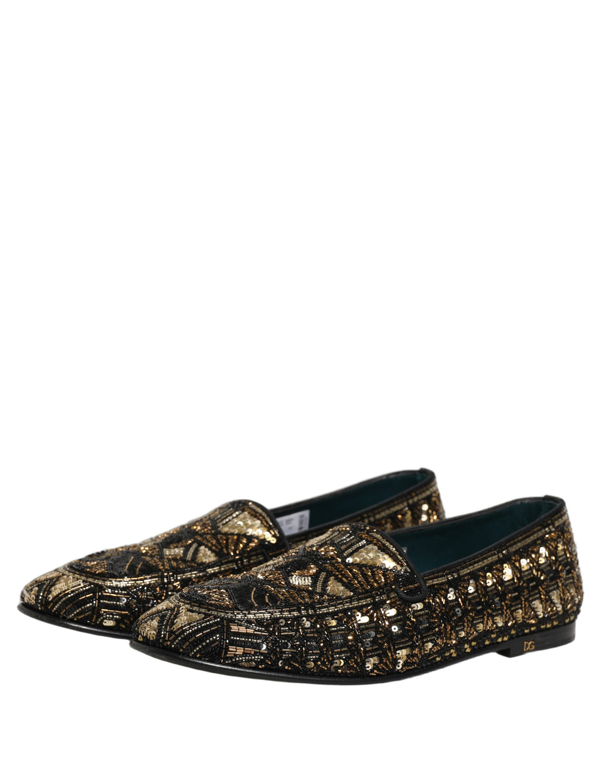 Dolce & Gabbana Black Gold Embellished Slip On Loafers Shoes schwarz