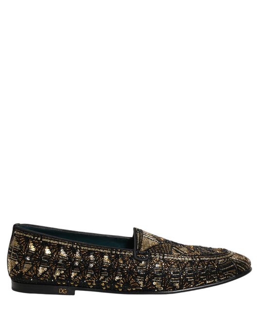 Dolce & Gabbana Black Gold Embellished Slip On Loafers Shoes schwarz