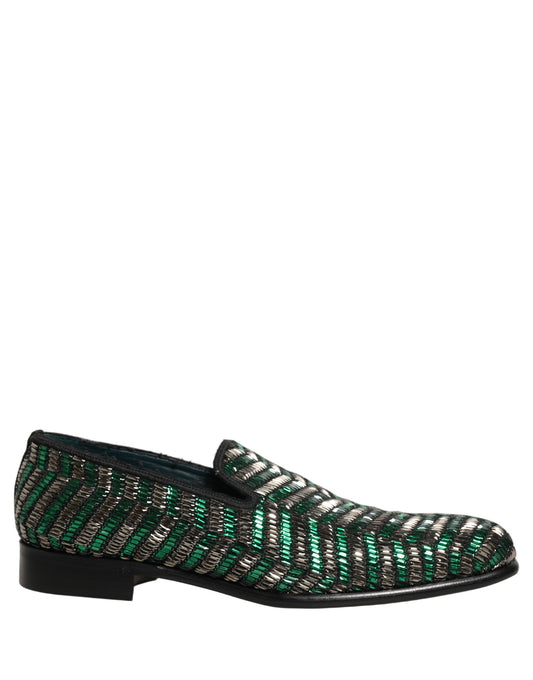 Dolce & Gabbana Silver Green Embellished Dress Loafers Shoes grün