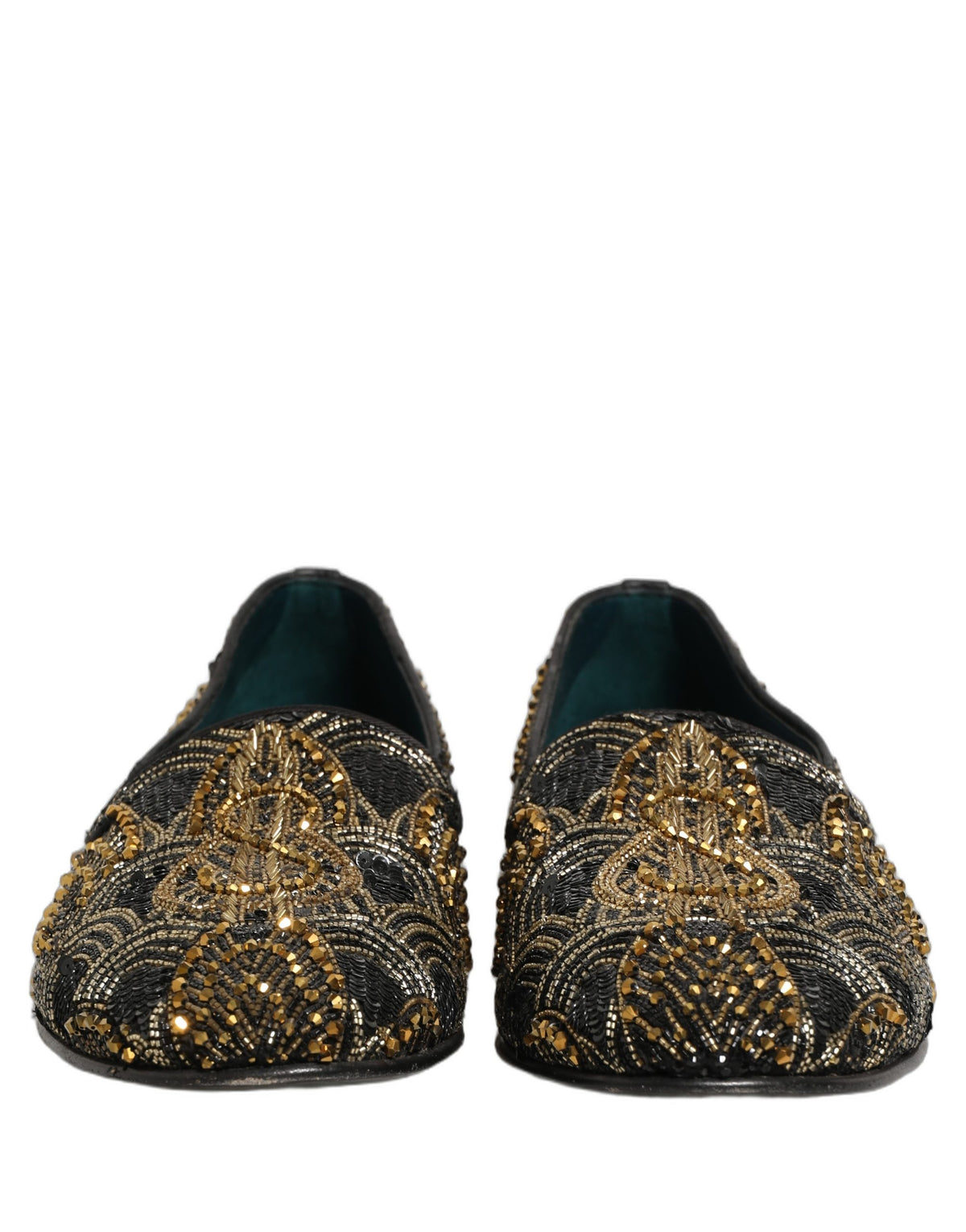 Dolce & Gabbana Black Gold Embellished Dress Loafers Shoes schwarz