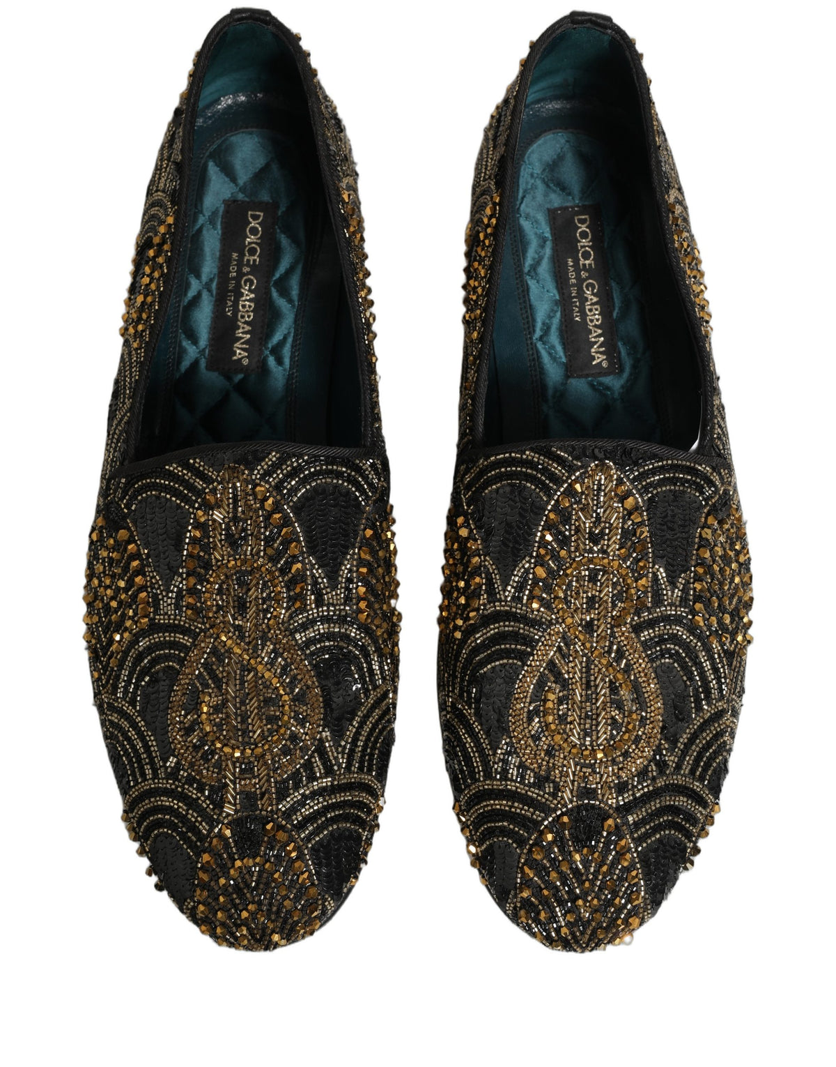 Dolce & Gabbana Black Gold Embellished Dress Loafers Shoes schwarz