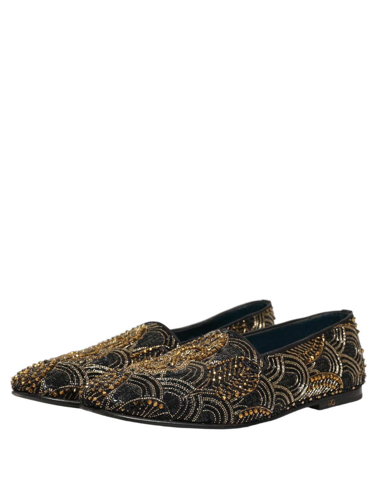 Dolce & Gabbana Black Gold Embellished Dress Loafers Shoes schwarz