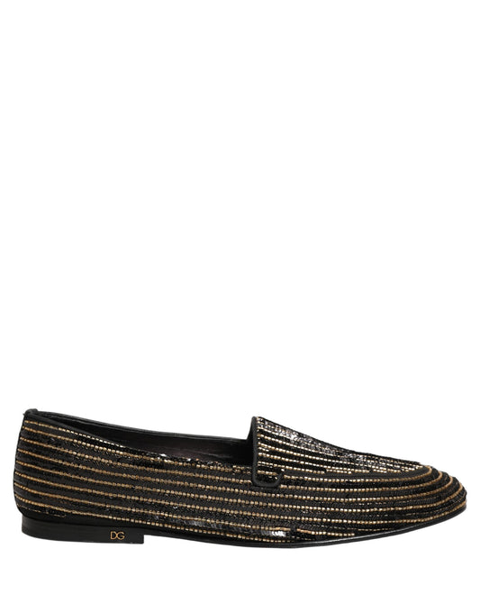 Dolce & Gabbana Black Gold Sequined Men Dress Loafers Shoes schwarz