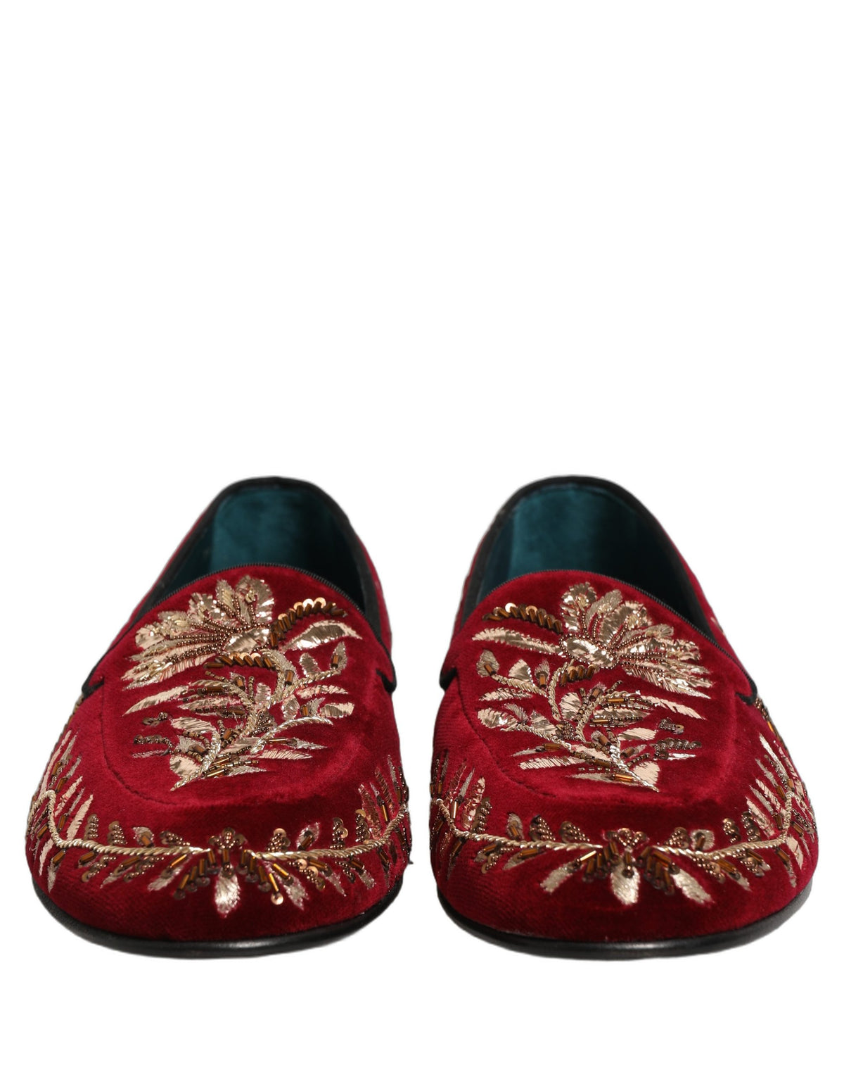 Dolce & Gabbana Red Velvet Floral Embroidery Loafers Shoes rot