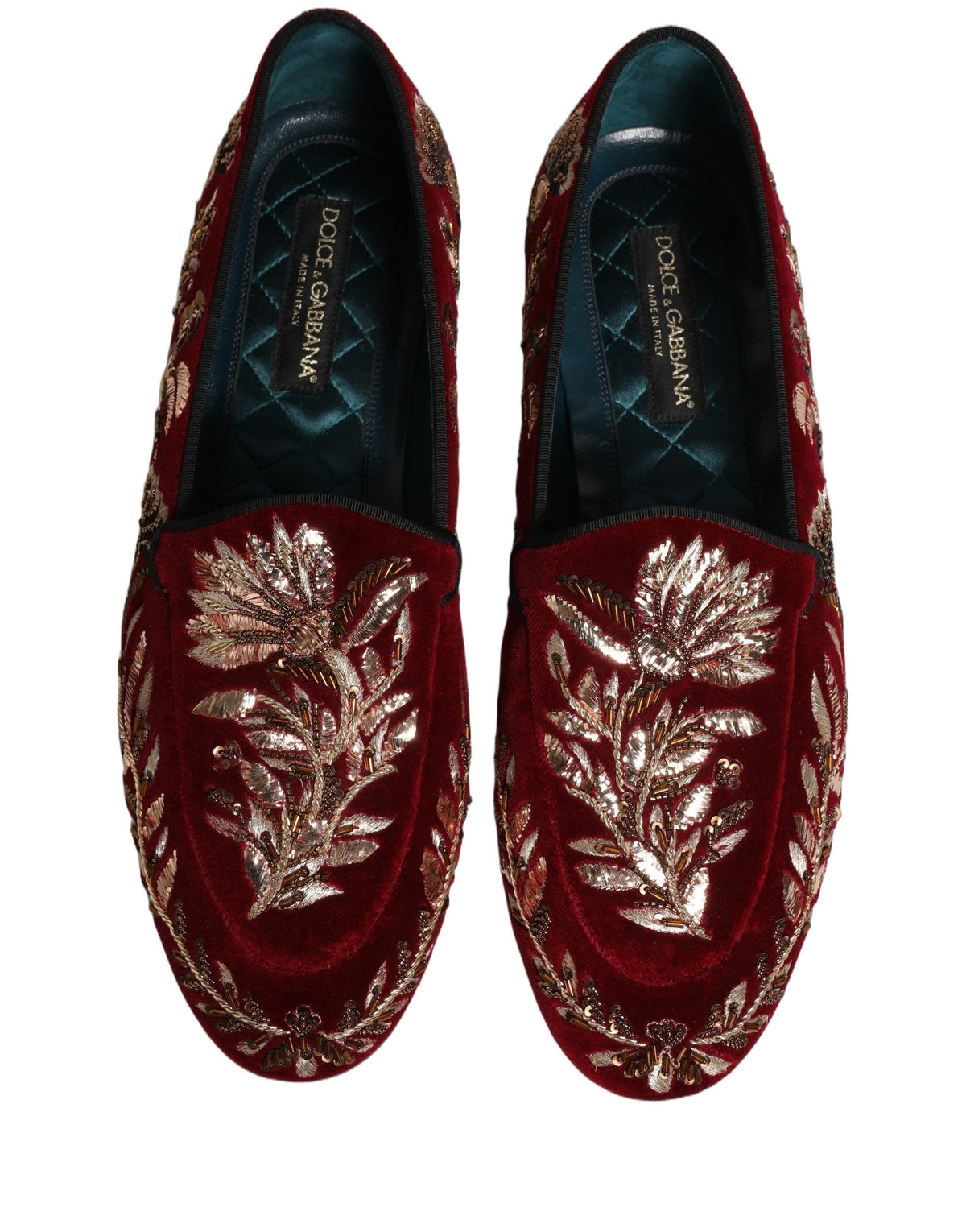 Dolce & Gabbana Red Velvet Floral Embroidery Loafers Shoes rot