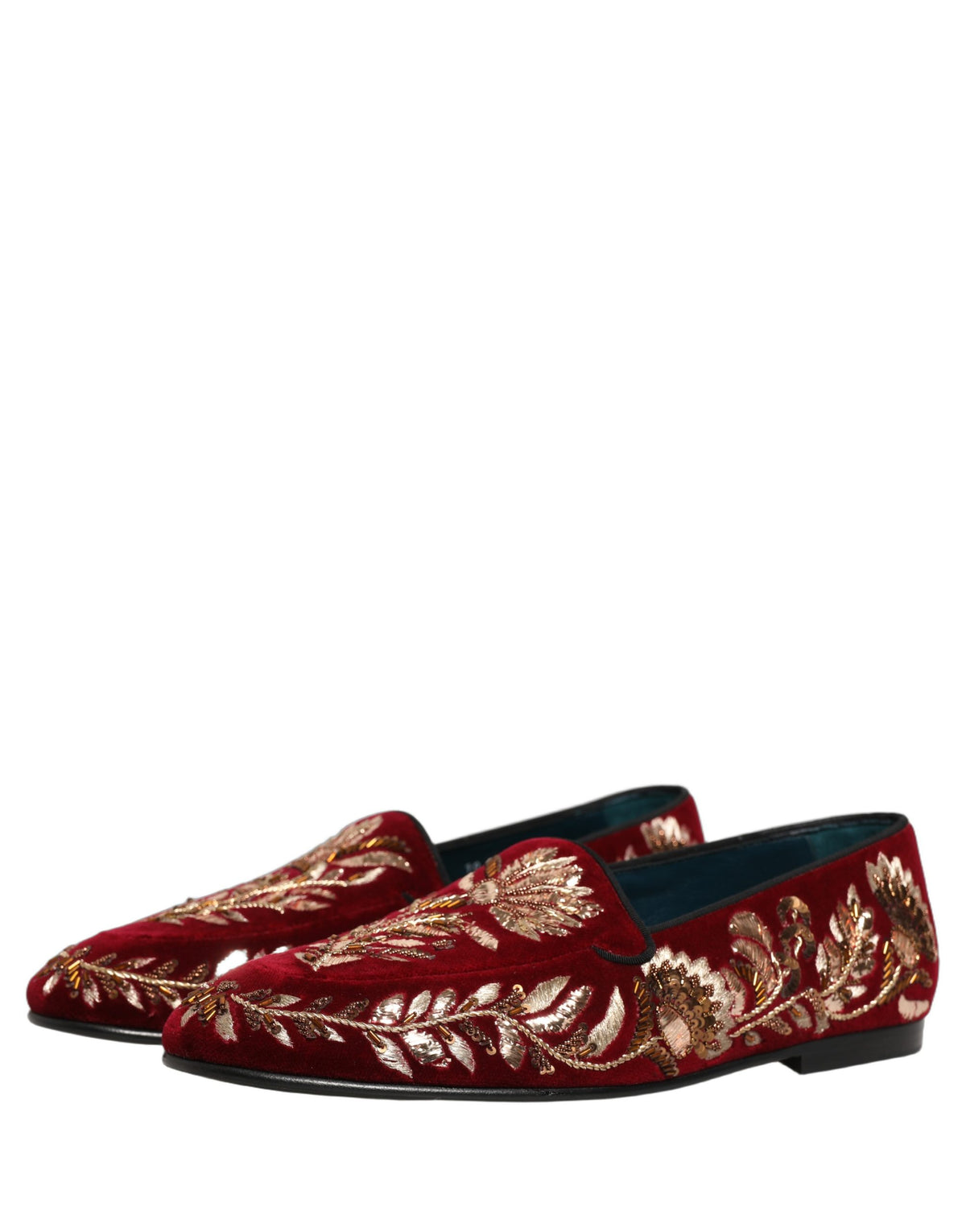 Dolce & Gabbana Red Velvet Floral Embroidery Loafers Shoes rot