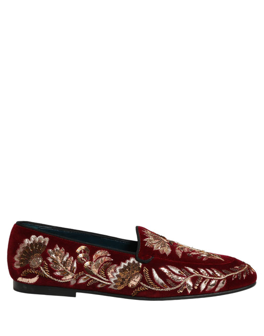 Dolce & Gabbana Red Velvet Floral Embroidery Loafers Shoes rot