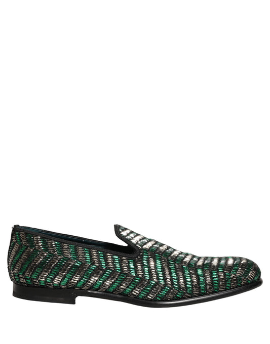 Dolce & Gabbana Silver Green Embellished Dress Loafers Shoes grün