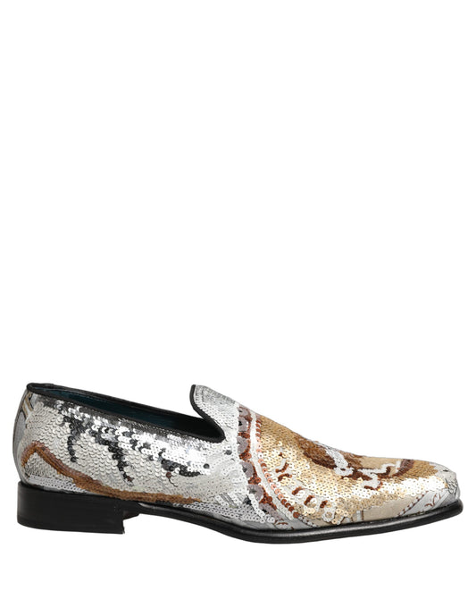 Dolce & Gabbana White Gold Sequined Slip On Loafers Shoes weiss
