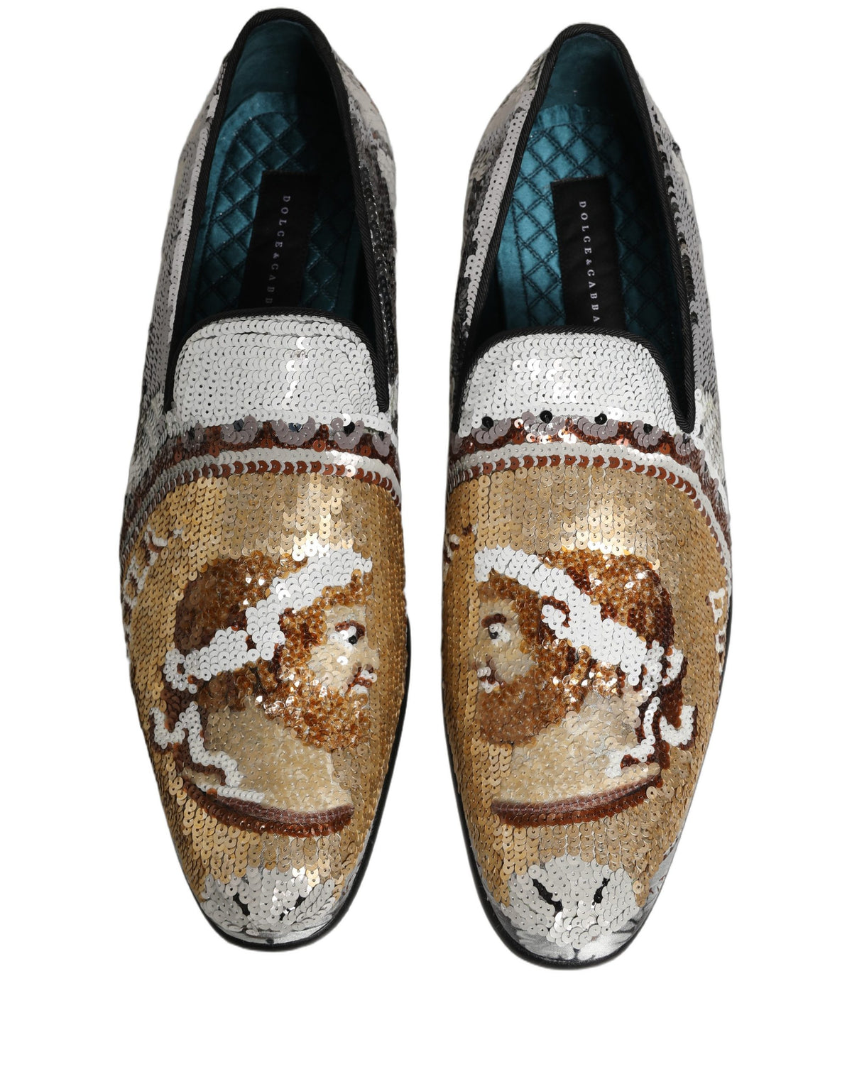 Dolce & Gabbana White Gold Sequined Slip On Loafers Shoes weiss