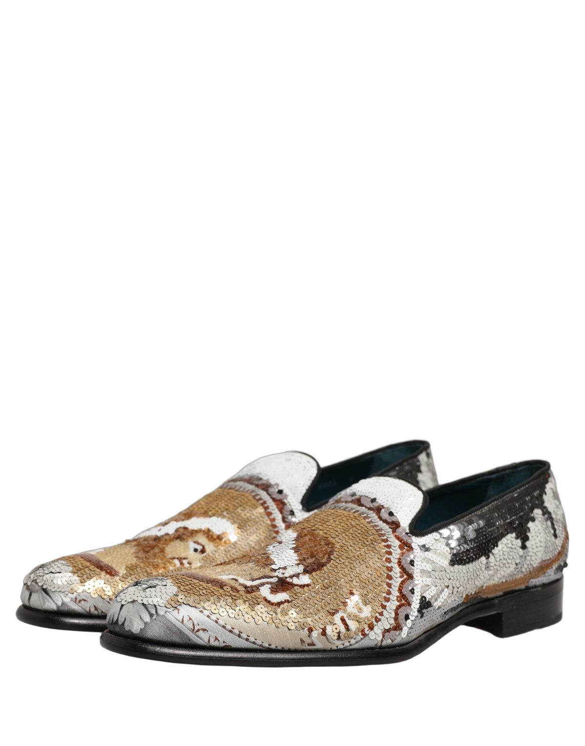 Dolce & Gabbana White Gold Sequined Slip On Loafers Shoes weiss