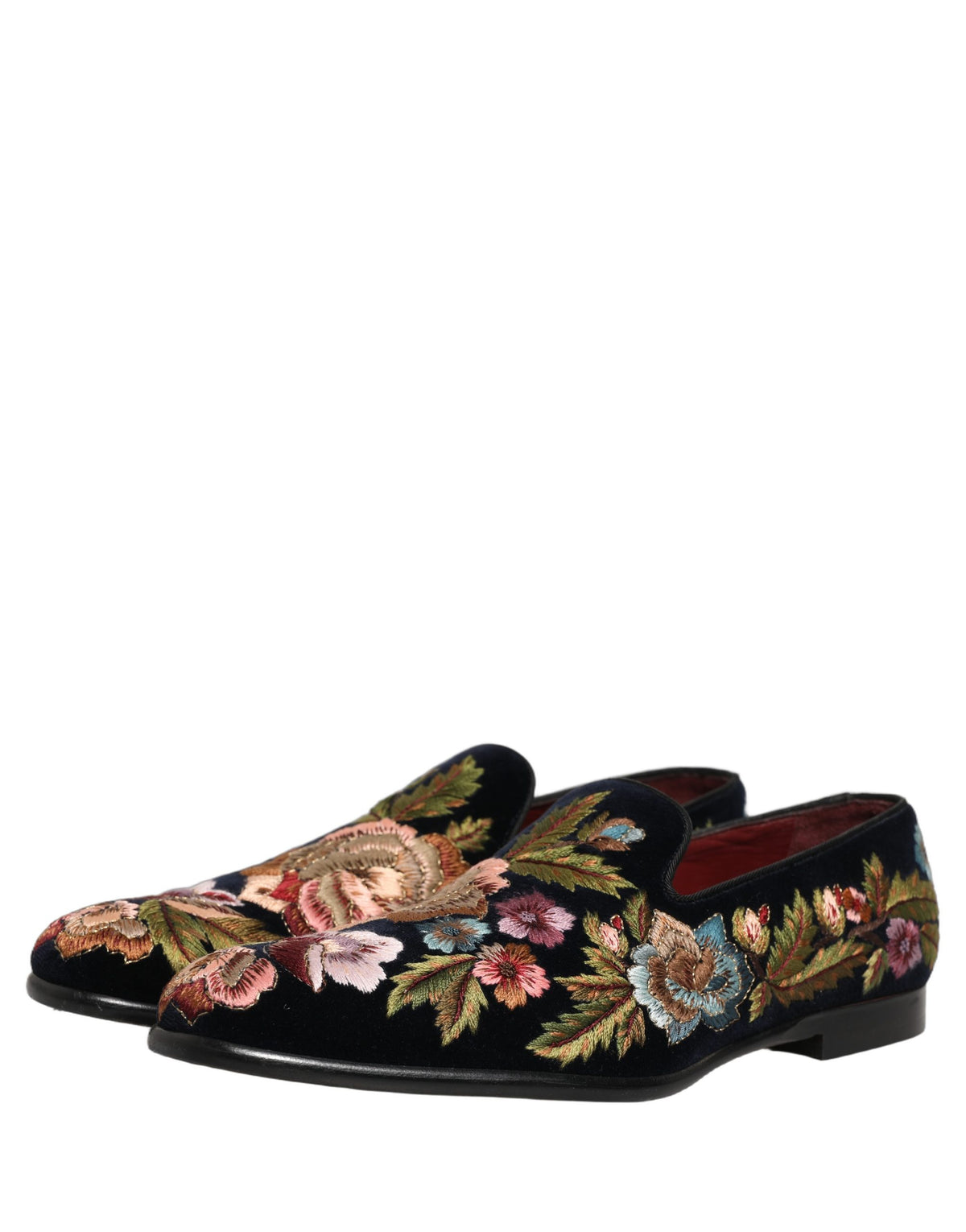 Dolce & Gabbana Black Velvet Floral Embroidery Loafers Shoes schwarz
