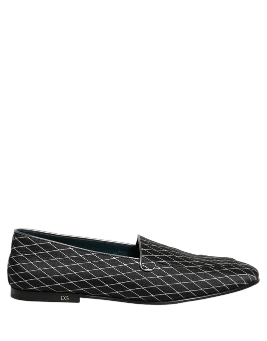 Dolce & Gabbana Black Velvet Diamond Stitched Loafers Shoes schwarz