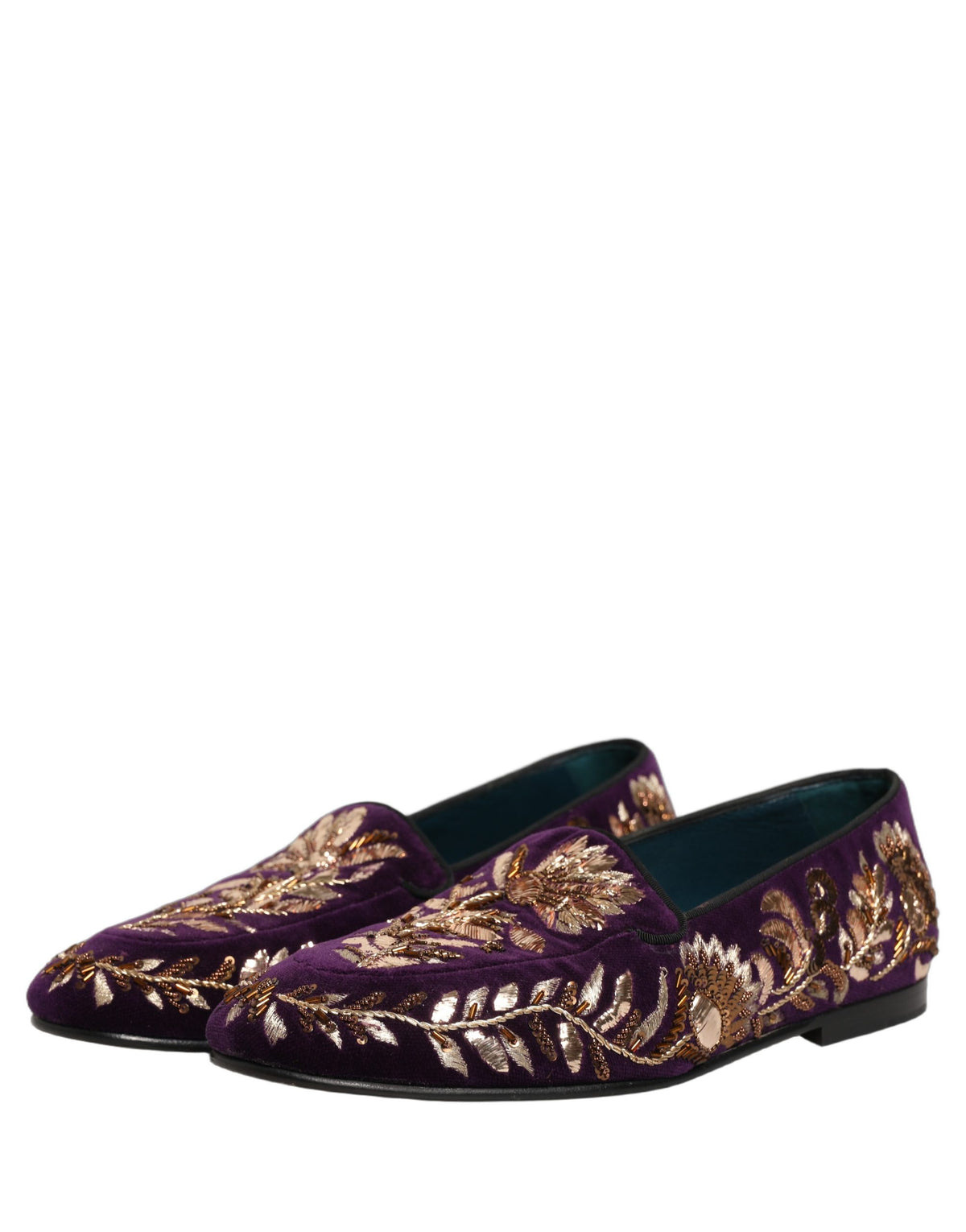 Dolce & Gabbana Violet Velvet Floral Embroidery Loafers Shoes lila