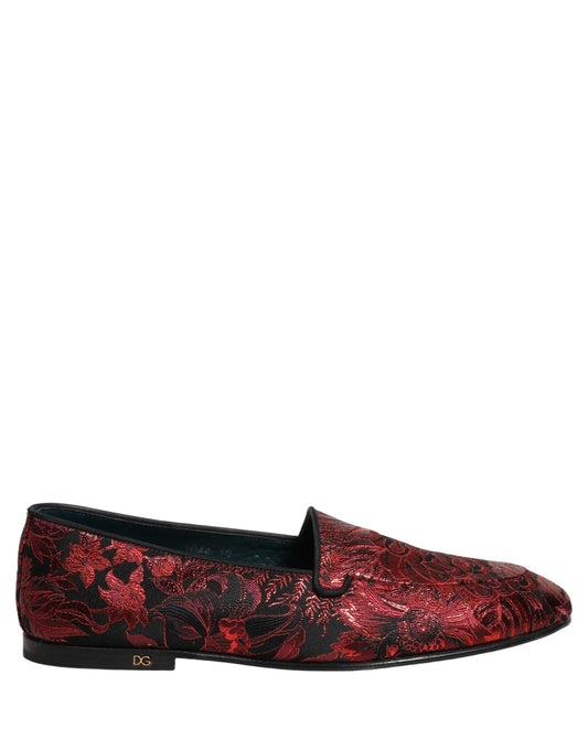 Dolce & Gabbana Red Floral Jacquard Slip On Loafers Shoes rot