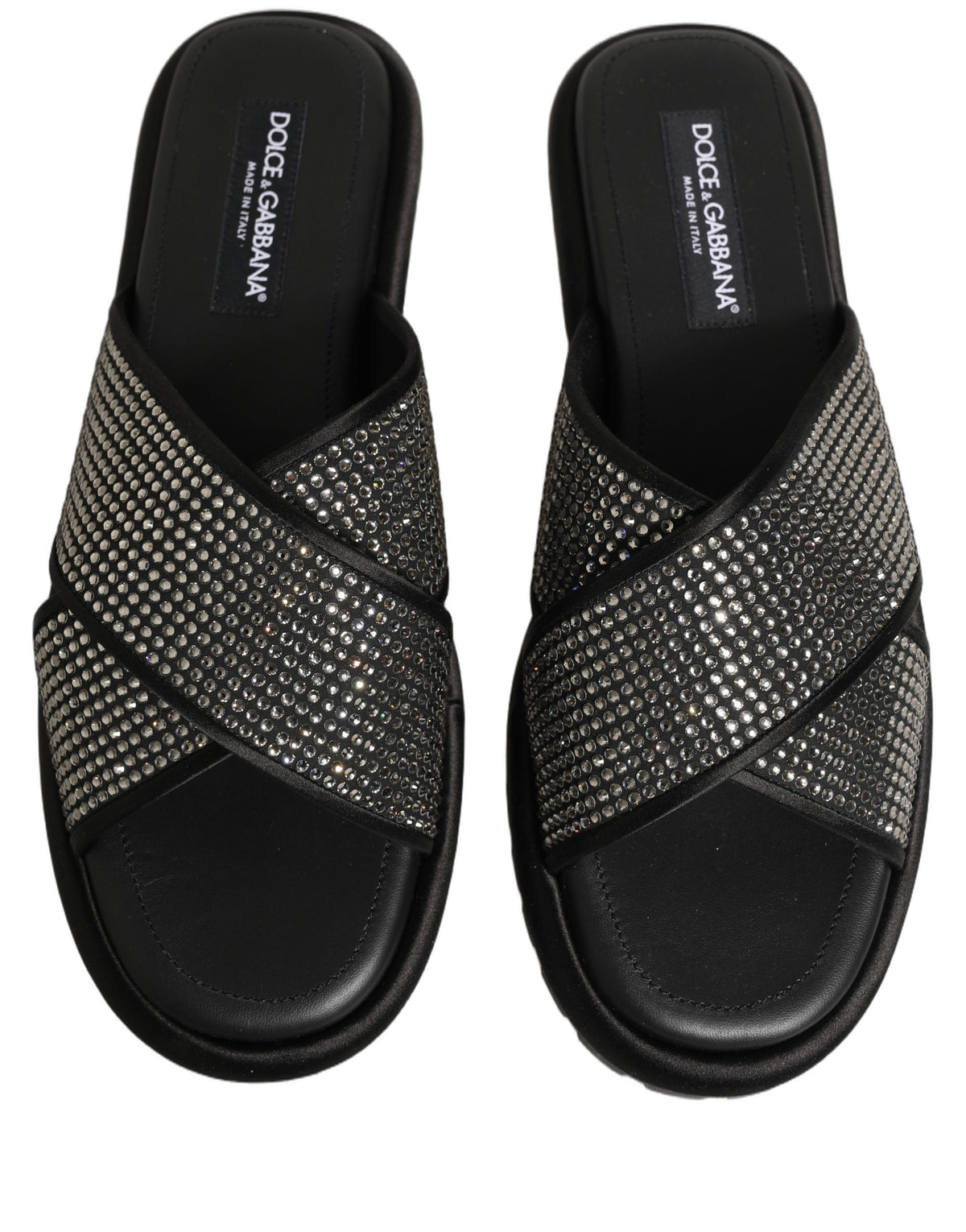 Dolce & Gabbana Black Strass Criss Cross Slide Sandals Shoes schwarz