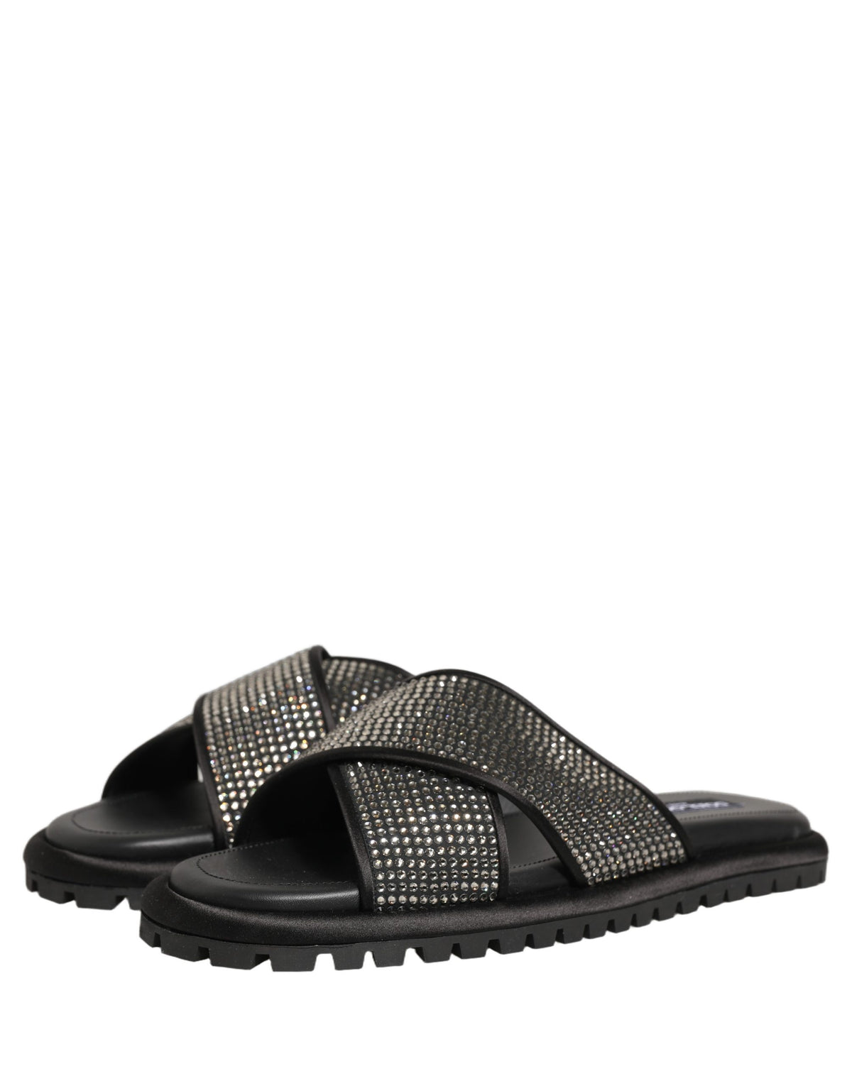 Dolce & Gabbana Black Strass Criss Cross Slide Sandals Shoes schwarz
