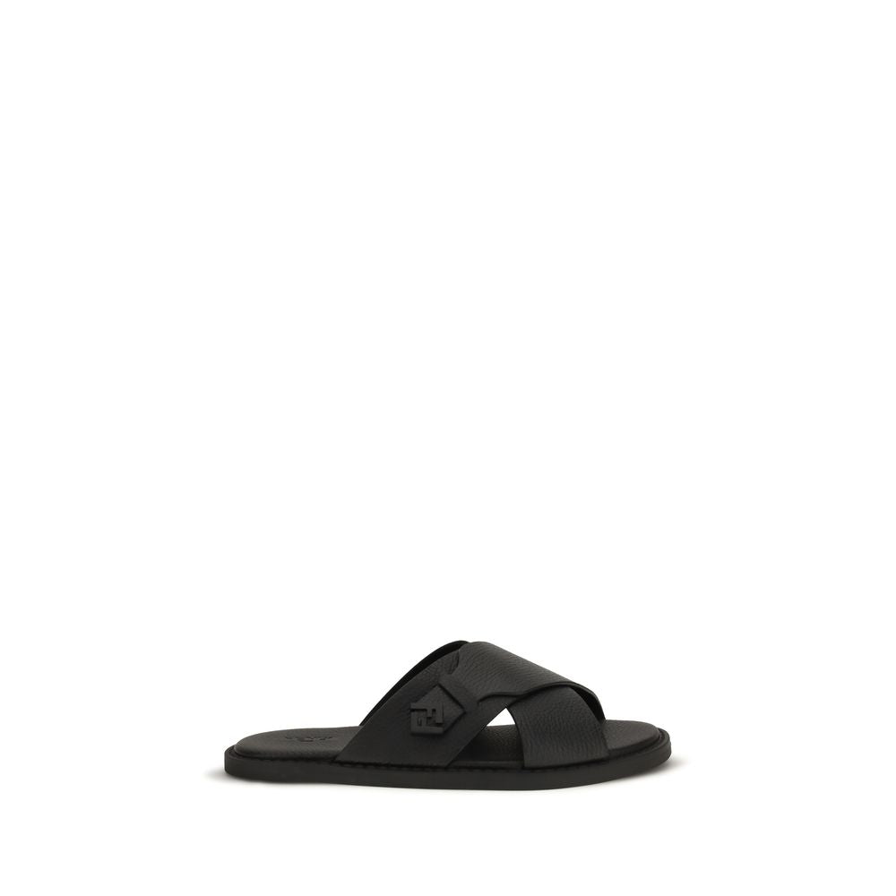 Fendi Black Calf Leather Bos Taurus Flat Sandals Curated Luxury Accessories by Orvyn