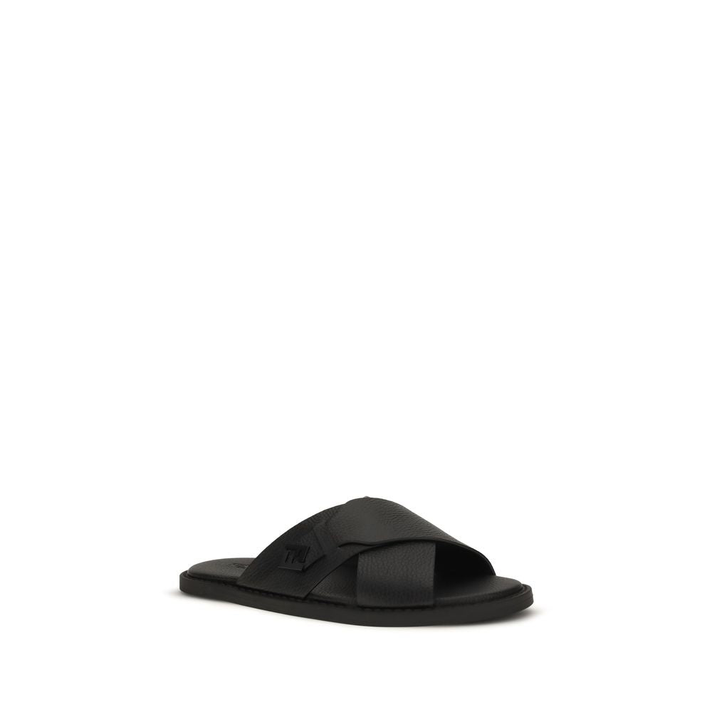 Fendi Black Calf Leather Bos Taurus Flat Sandals Curated Luxury Accessories by Orvyn