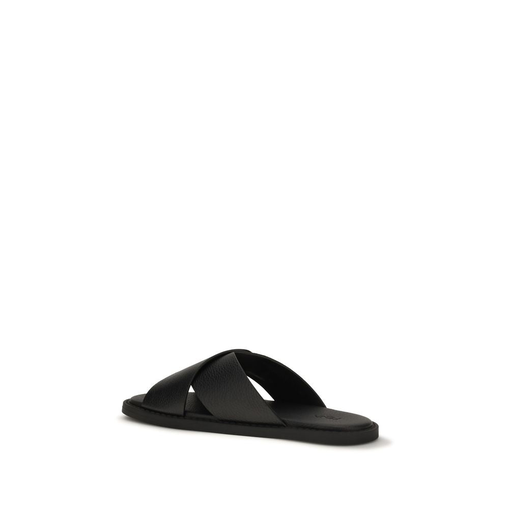Fendi Black Calf Leather Bos Taurus Flat Sandals Curated Luxury Accessories by Orvyn
