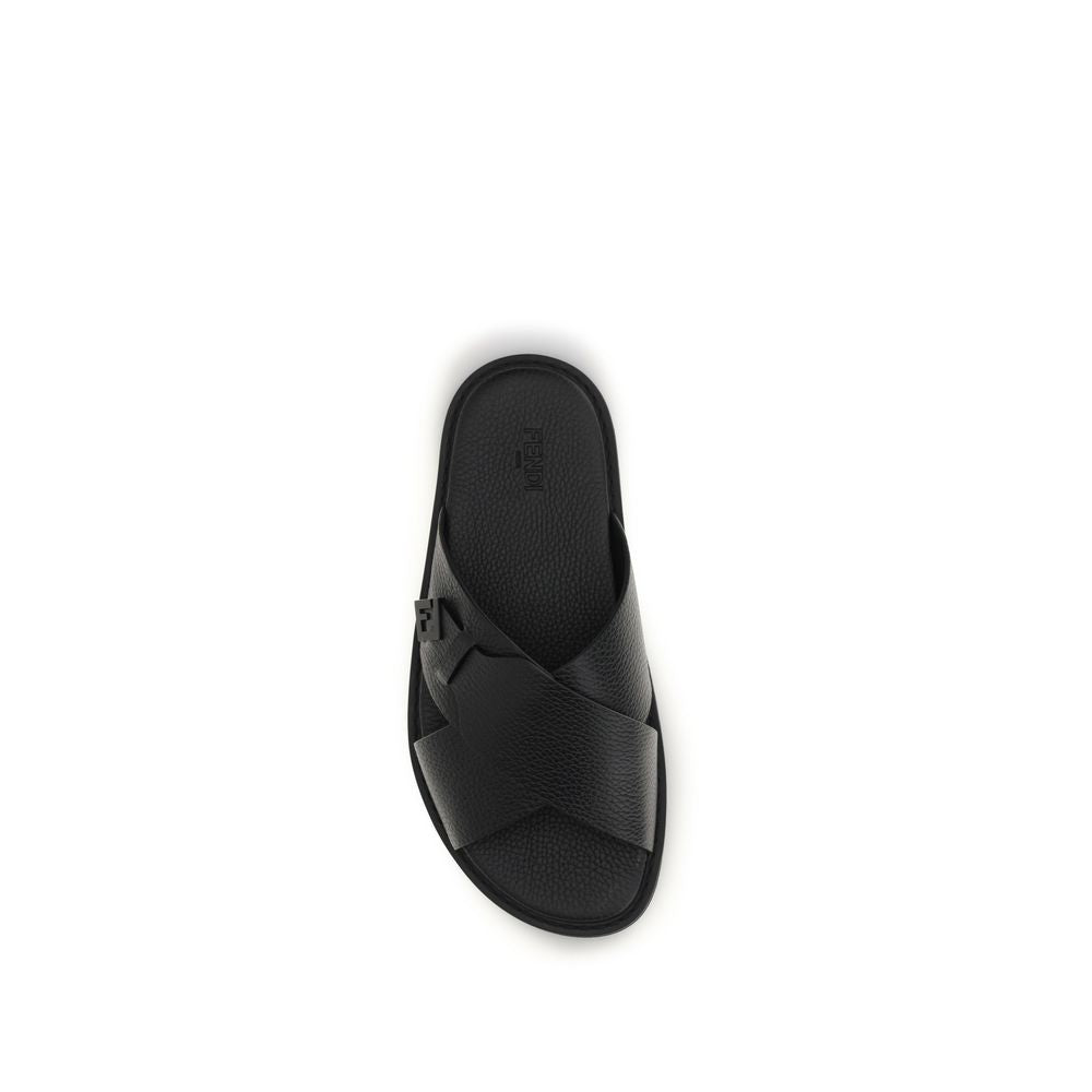Fendi Black Calf Leather Bos Taurus Flat Sandals Curated Luxury Accessories by Orvyn