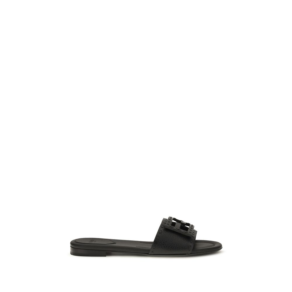Fendi Black Calf Leather Bos Taurus Flat Sandals Curated Luxury Accessories by Orvyn