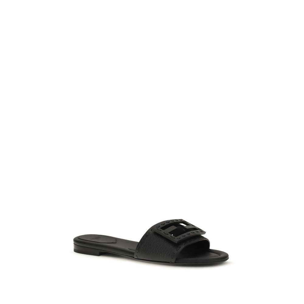 Fendi Black Calf Leather Bos Taurus Flat Sandals Curated Luxury Accessories by Orvyn