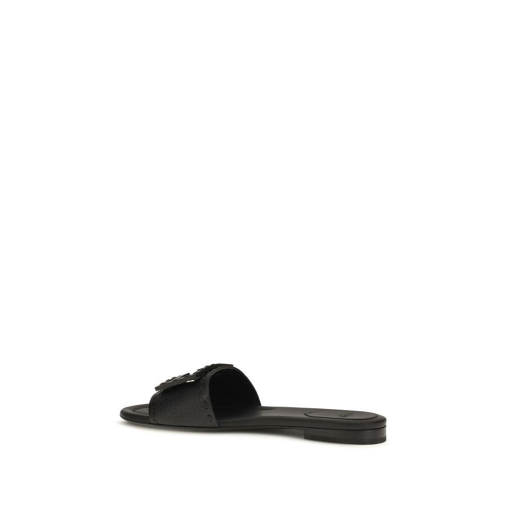 Fendi Black Calf Leather Bos Taurus Flat Sandals Curated Luxury Accessories by Orvyn
