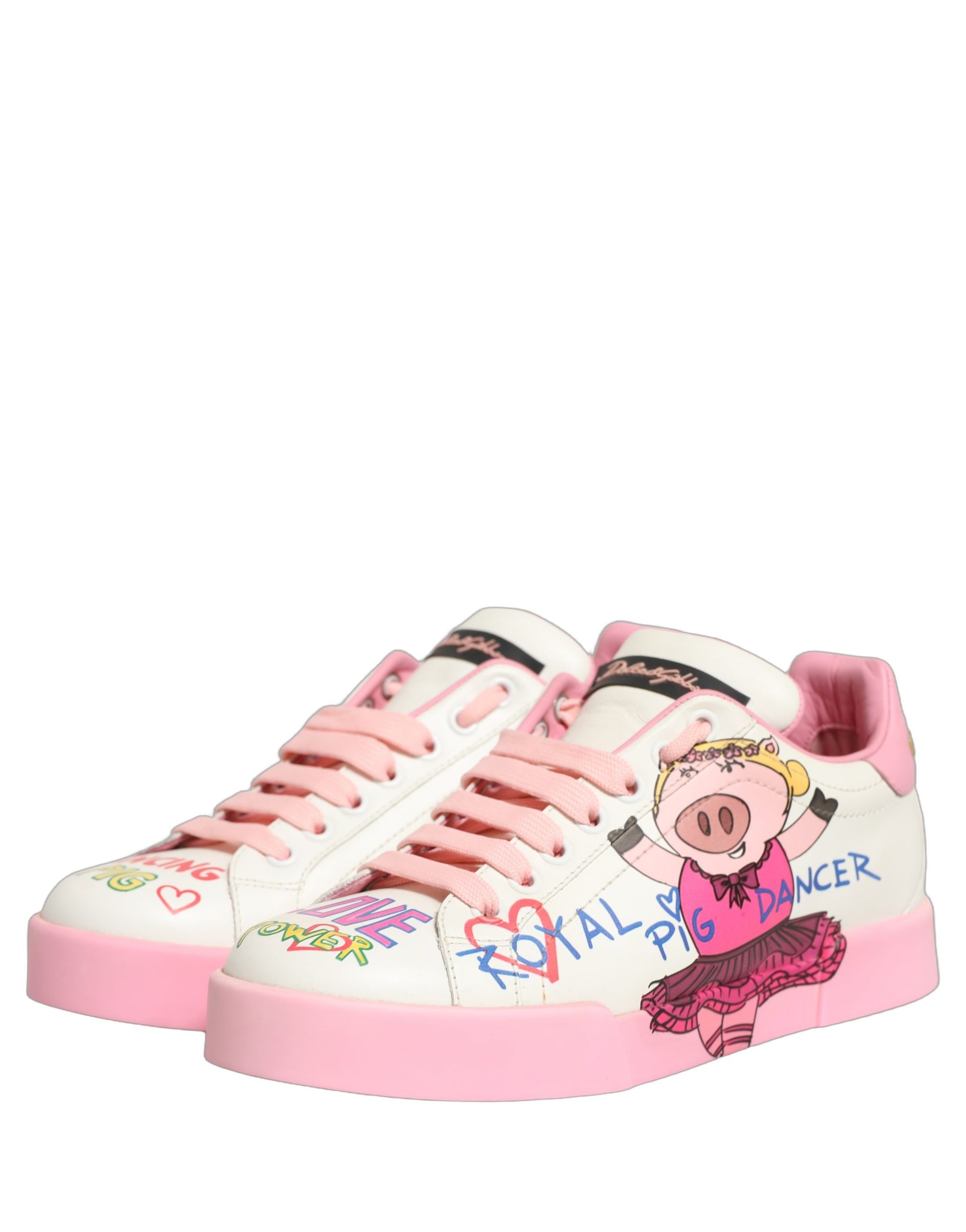 Dolce & Gabbana White Pink Portofino Royal Pig Sneakers Shoes Curated Luxury Accessories by Orvyn