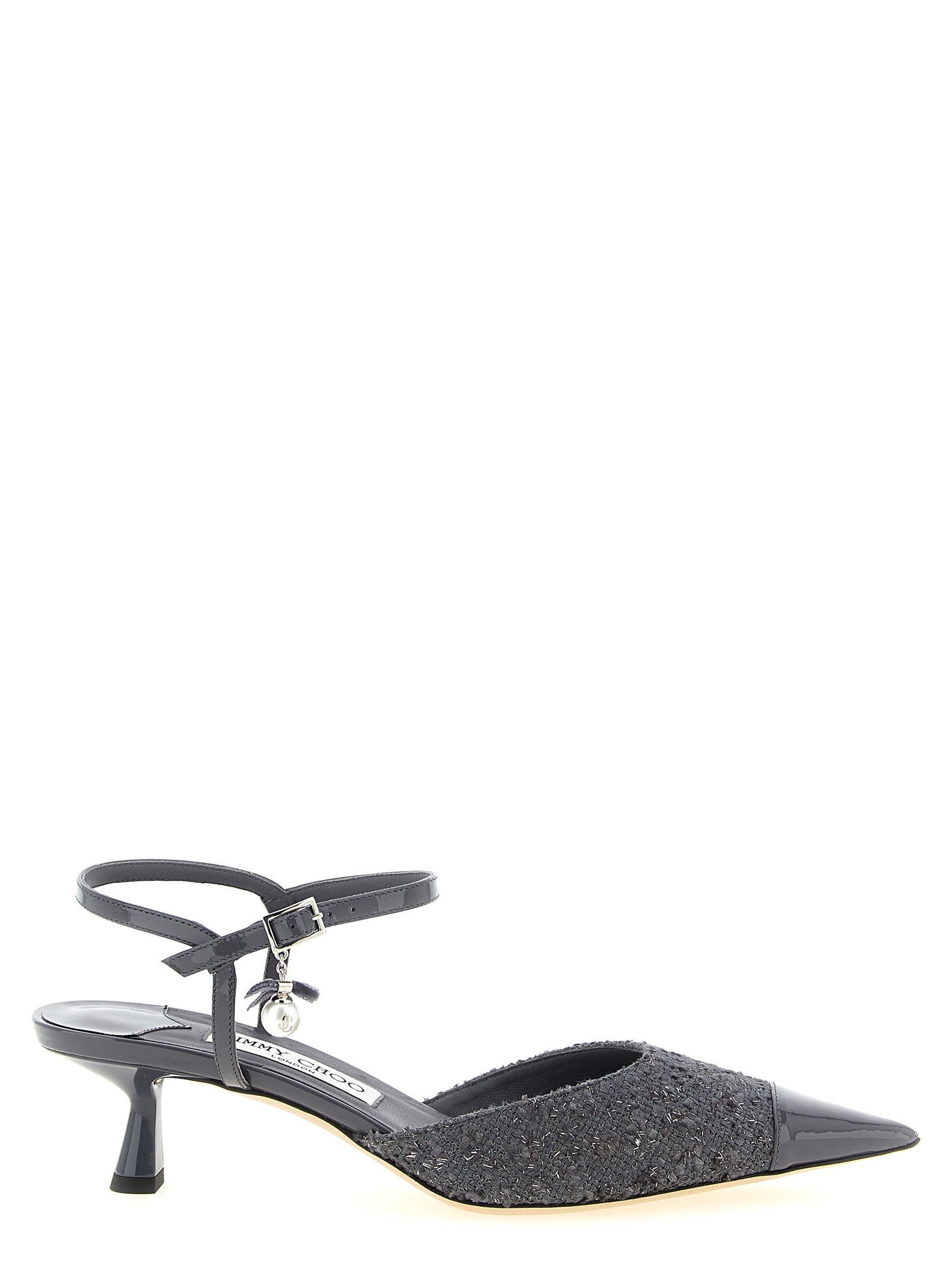 Jimmy Choo Gray Tencel Mid Heel Pumps Curated Luxury Accessories by Orvyn