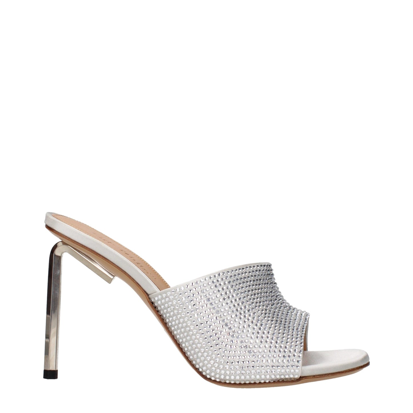 Off-White Gray Satin Stiletto Heel Sandals Curated Luxury Accessories by Orvyn