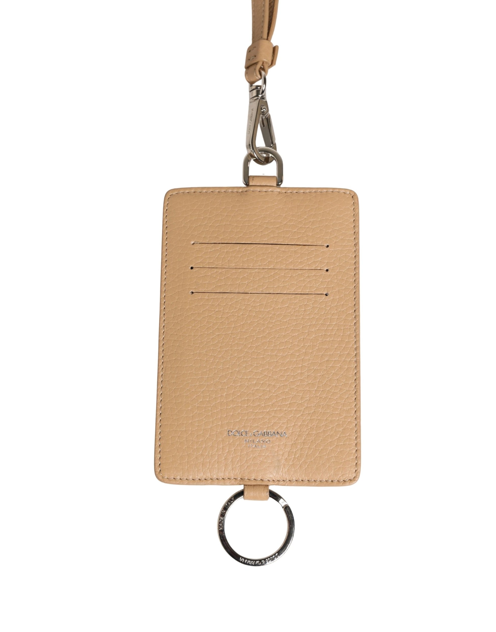 Dolce & Gabbana Beige Leather Logo Embossed Lanyard Card Holder Wallet Curated Luxury Accessories by Orvyn