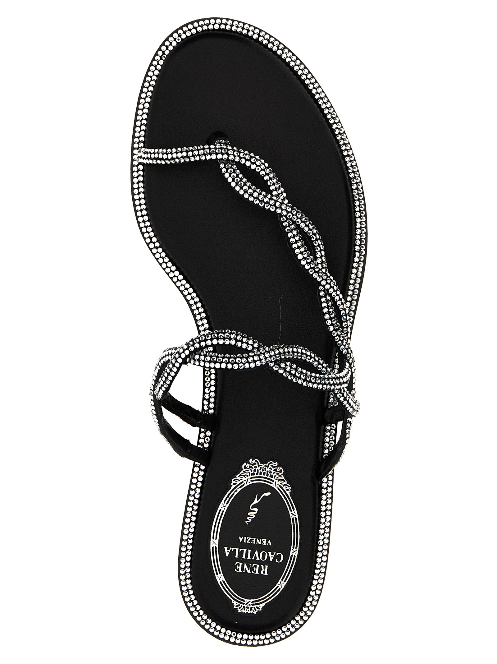RENE CAOVILLA Black Satin Slides Curated Luxury Accessories by Orvyn