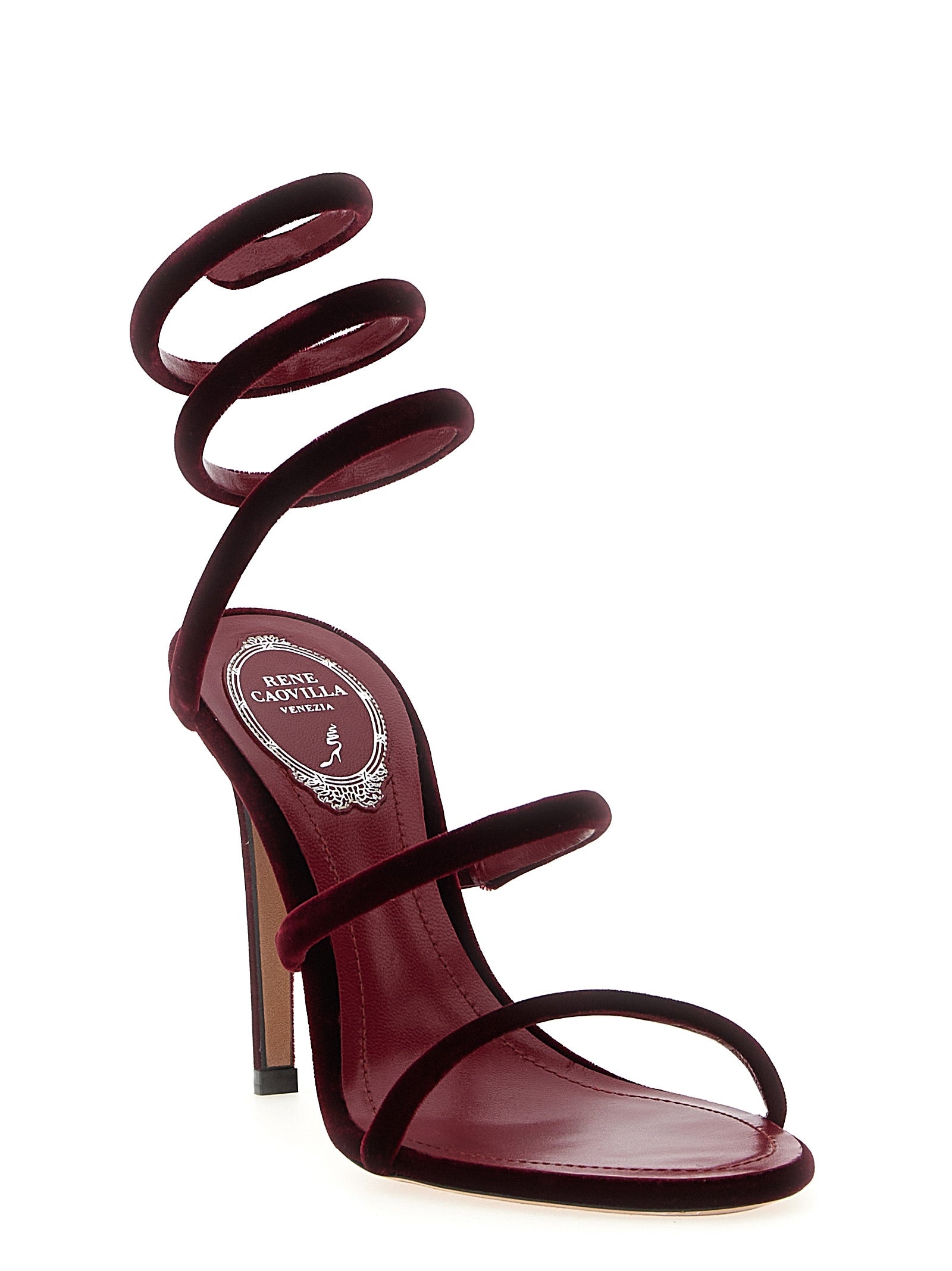 RENE CAOVILLA Bordeaux Textile Stiletto Heel Sandals Curated Luxury Accessories by Orvyn