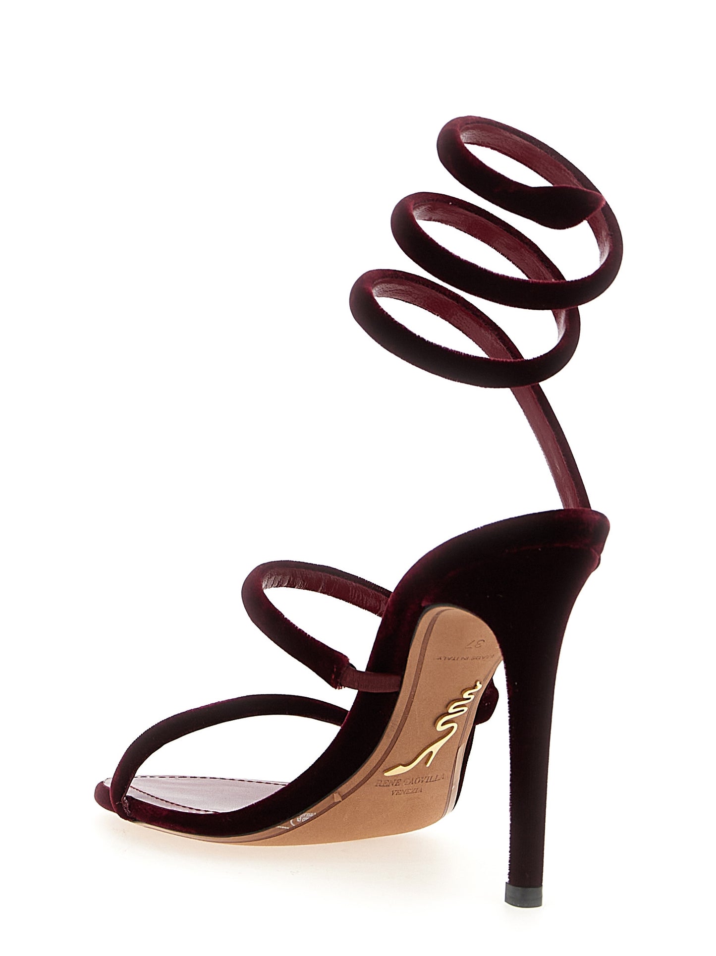 RENE CAOVILLA Bordeaux Textile Stiletto Heel Sandals Curated Luxury Accessories by Orvyn