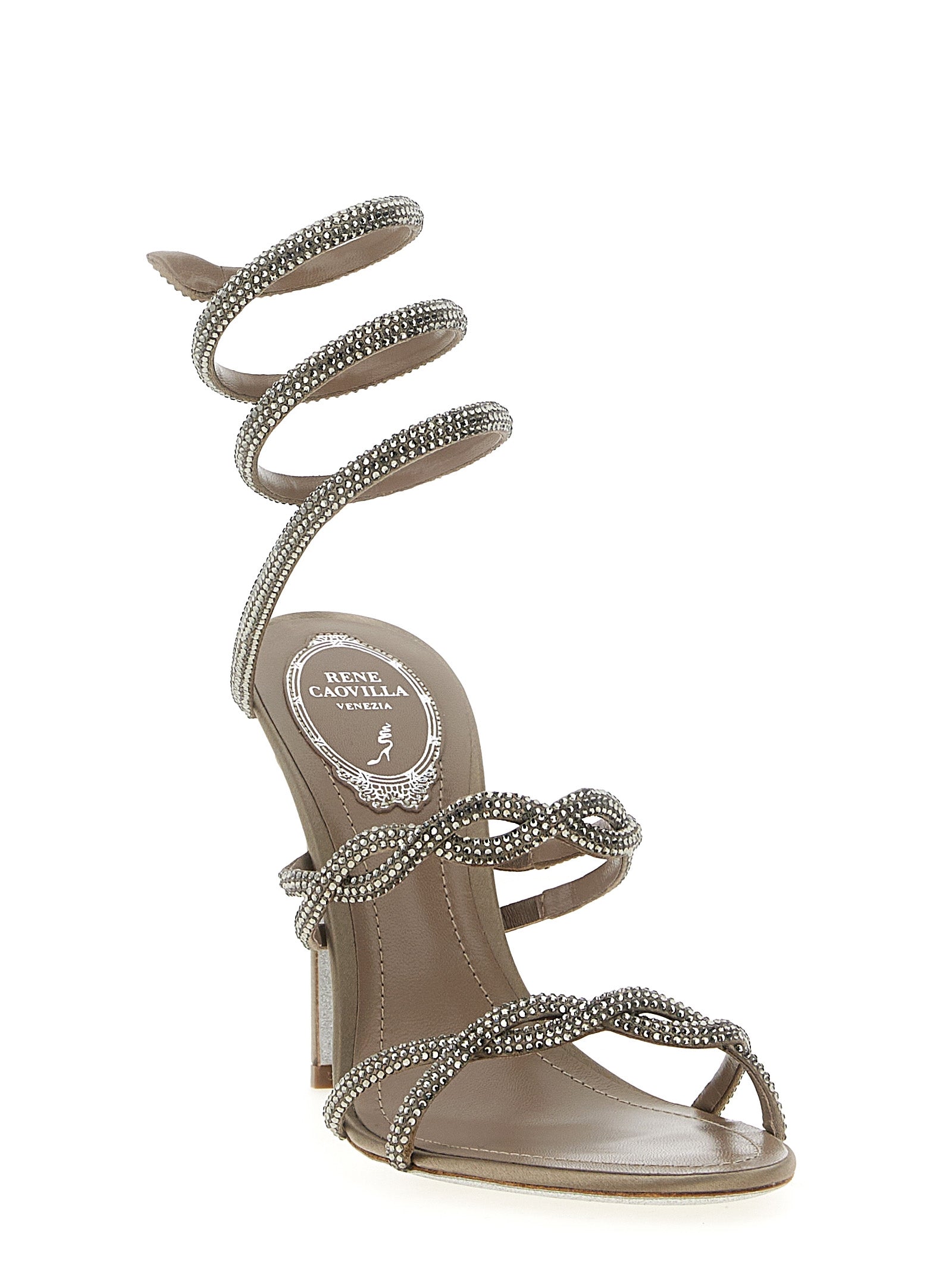 RENE CAOVILLA Gray Satin Stiletto Heel Sandals Curated Luxury Accessories by Orvyn