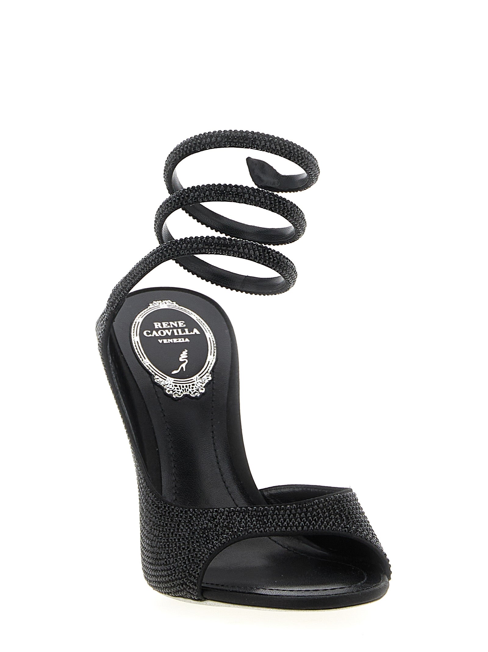 RENE CAOVILLA Black Satin Stiletto Heel Sandals Curated Luxury Accessories by Orvyn