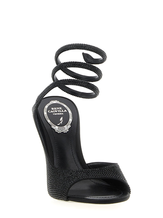 RENE CAOVILLA Black Satin Stiletto Heel Sandals Curated Luxury Accessories by Orvyn