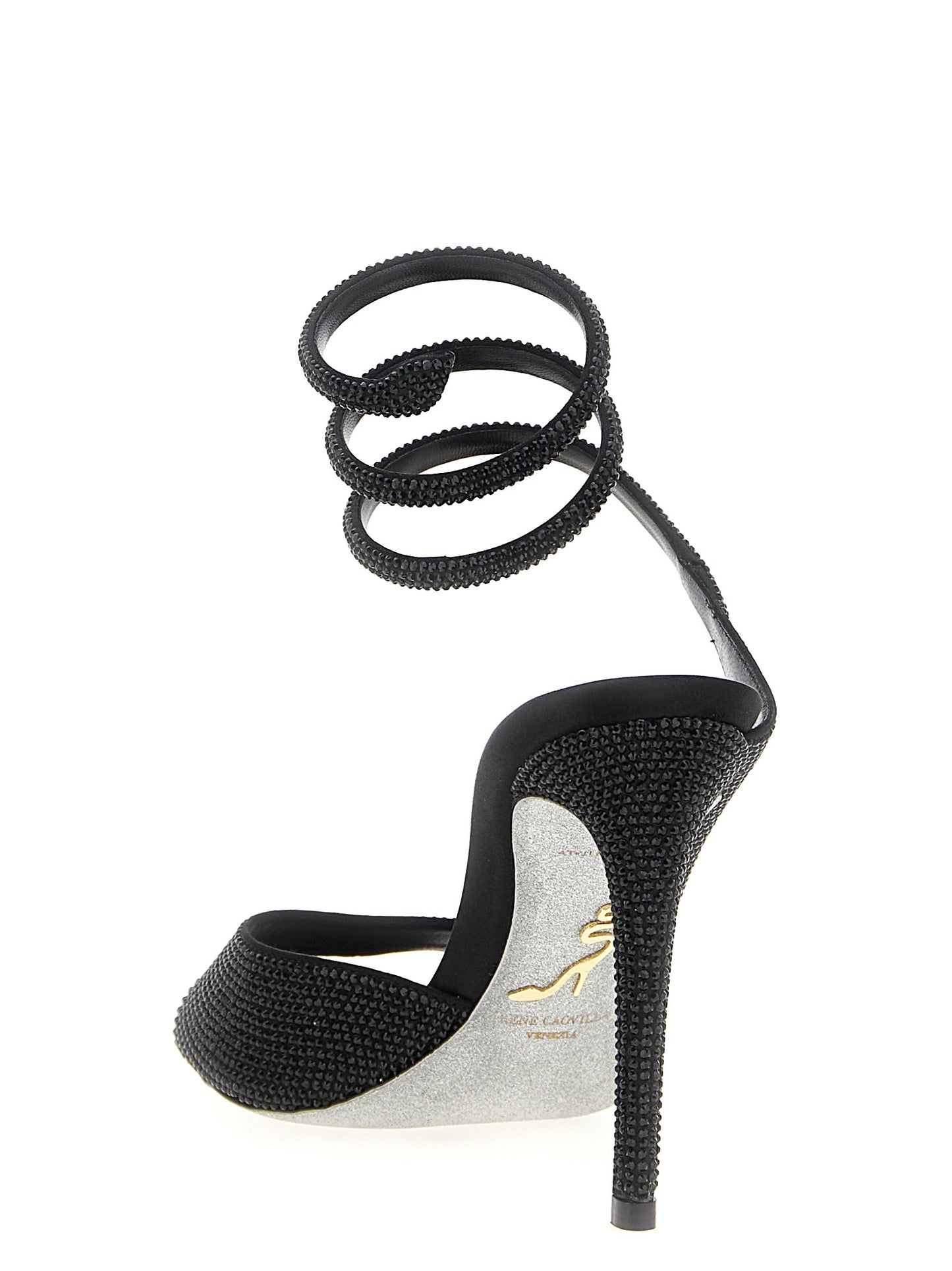 RENE CAOVILLA Black Satin Stiletto Heel Sandals Curated Luxury Accessories by Orvyn