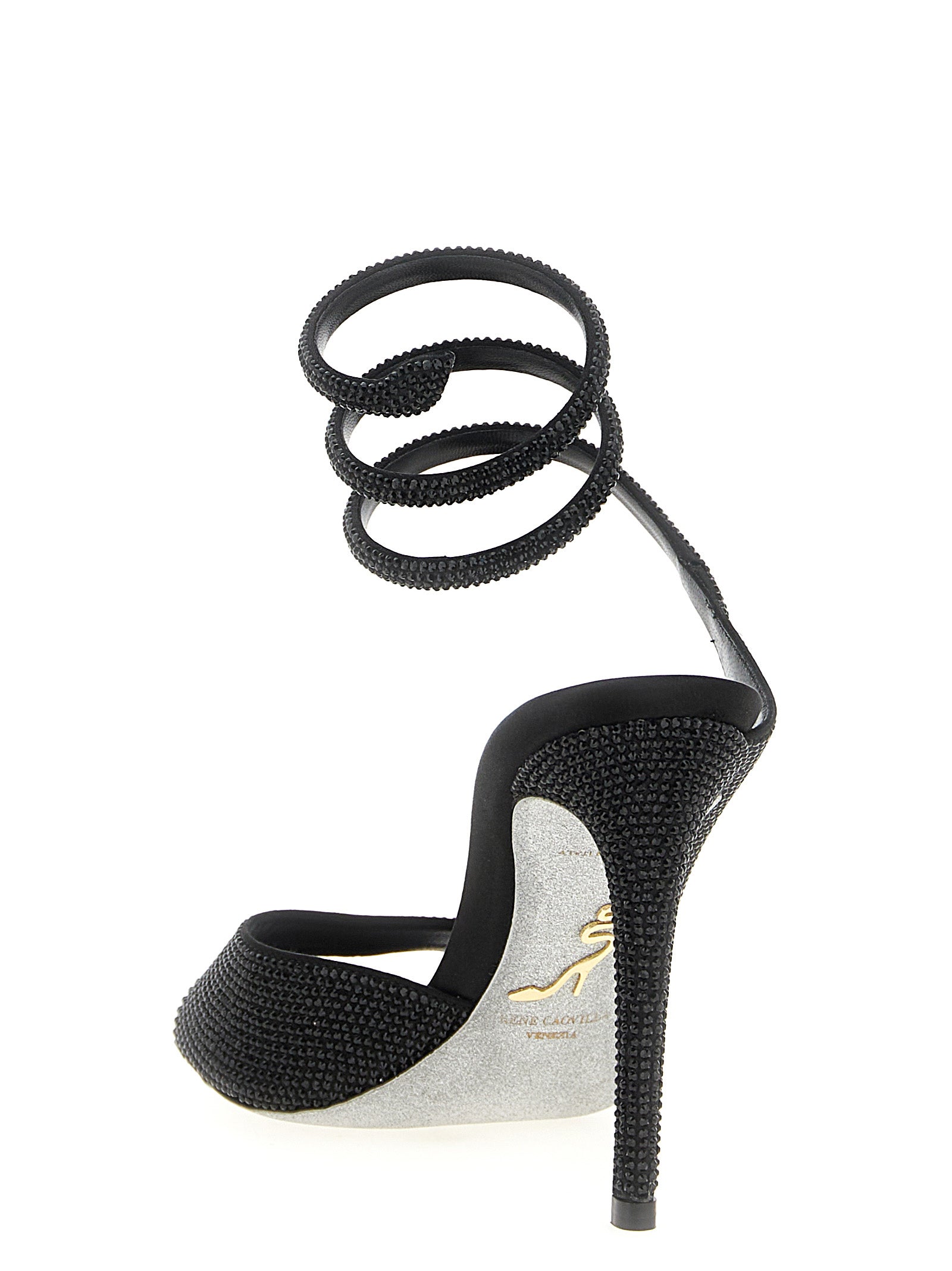 RENE CAOVILLA Black Satin Stiletto Heel Sandals Curated Luxury Accessories by Orvyn