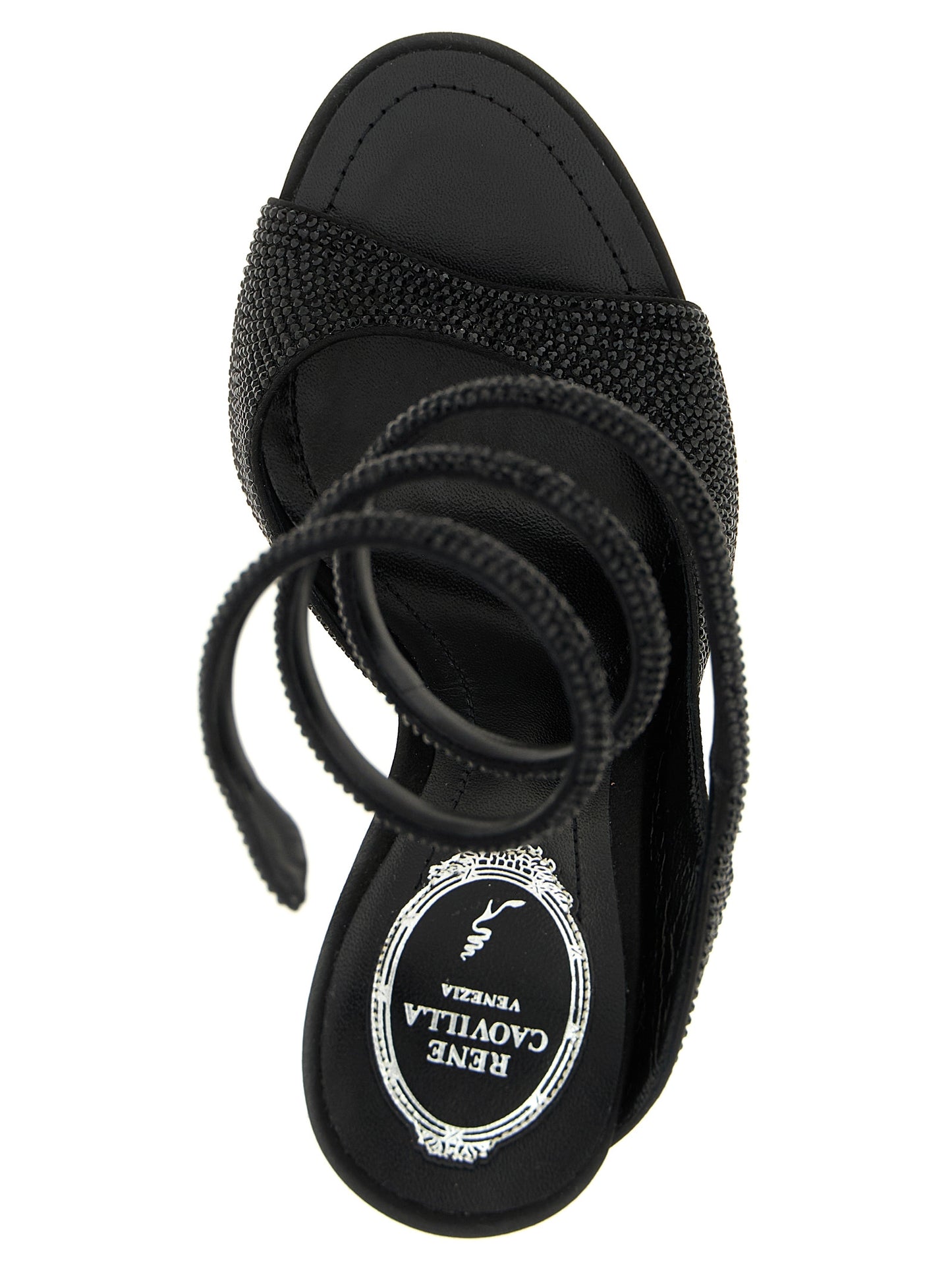 RENE CAOVILLA Black Satin Stiletto Heel Sandals Curated Luxury Accessories by Orvyn