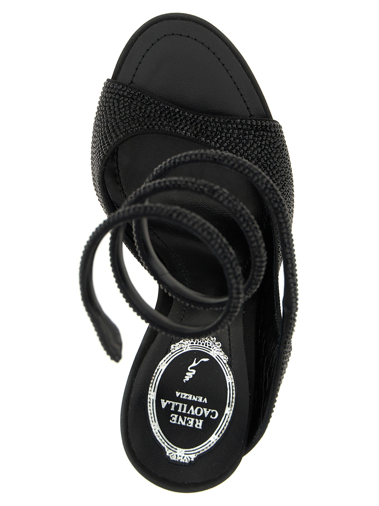 RENE CAOVILLA Black Satin Stiletto Heel Sandals Curated Luxury Accessories by Orvyn