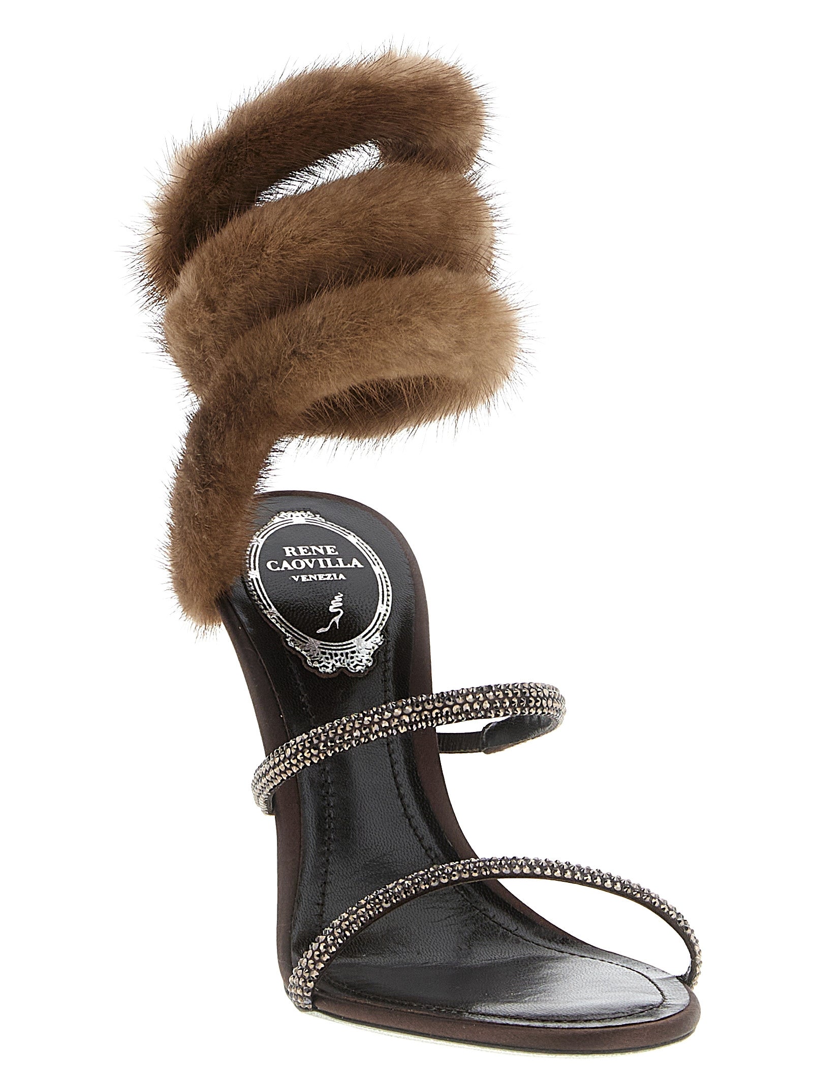 RENE CAOVILLA Brown Satin Stiletto Heel Sandals Curated Luxury Accessories by Orvyn