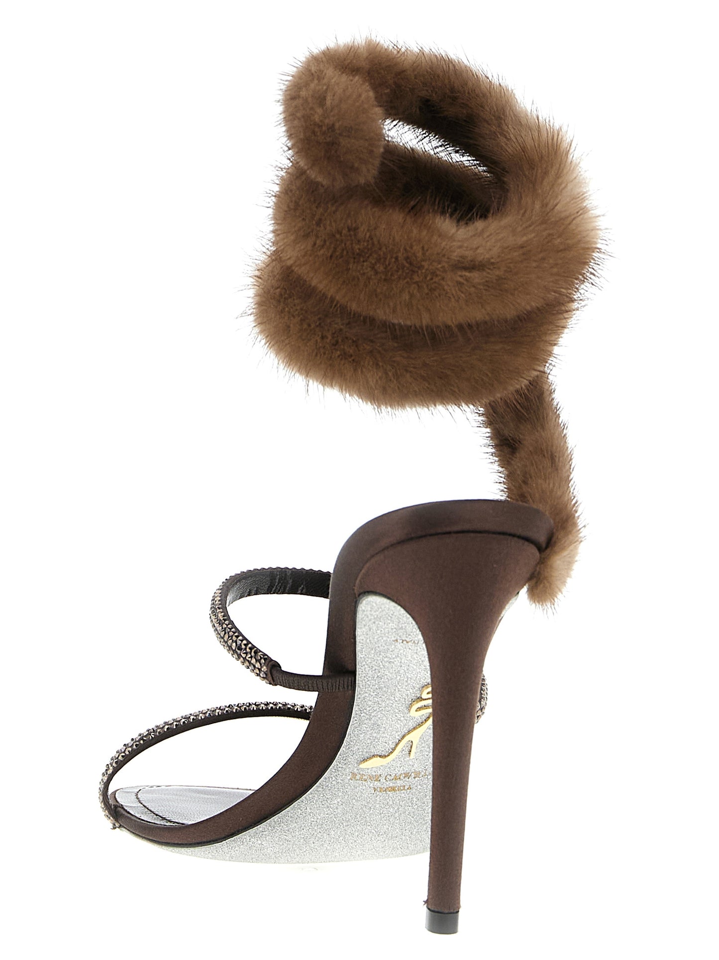 RENE CAOVILLA Brown Satin Stiletto Heel Sandals Curated Luxury Accessories by Orvyn